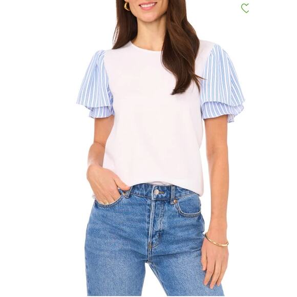 Vince Camuto Tulip Sleeve Mixed Media Blue White Relaxed Fit Top Size XL - Picture 2 of 9